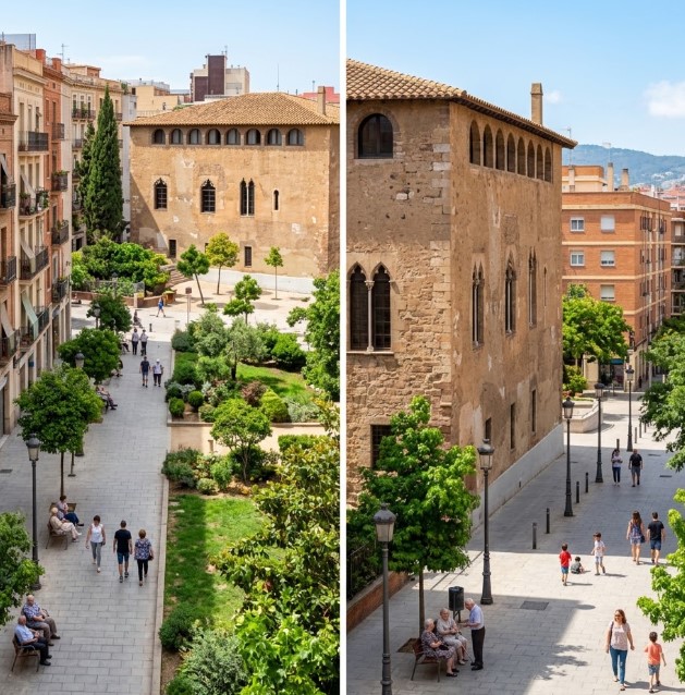 Vistas de las plazas, el entorno de la masía histórica y la vida residencial del barrio